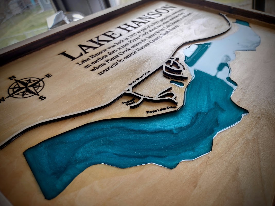 Laser Engraved lake map of Lake Hanson: South Dakota
